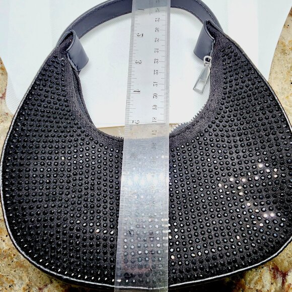Black Austrian Crystal &Black Faux Leather Tote Bag with adjustable Handle Drop - Picture 3 of 6